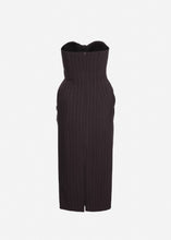 Load image into Gallery viewer, Pinstripe structured drape corset midi dress in dark brown