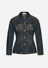 Load image into Gallery viewer, Fitted denim button up blouse in dark vintage blue