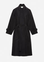 Load image into Gallery viewer, Belted silk trench coat in black
