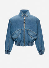 Load image into Gallery viewer, Cropped denim bomber jacket in light blue
