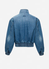Load image into Gallery viewer, Cropped denim bomber jacket in light blue
