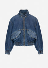 Load image into Gallery viewer, Cropped denim bomber jacket in dark blue
