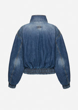 Load image into Gallery viewer, Cropped denim bomber jacket in dark blue
