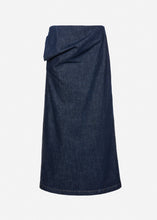 Load image into Gallery viewer, Denim draped midi skirt in navy blue
