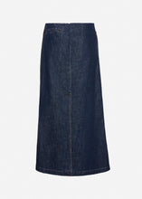 Load image into Gallery viewer, Denim draped midi skirt in navy blue
