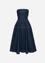 Load image into Gallery viewer, Strapless denim midi dress in navy blue
