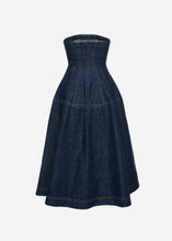 Load image into Gallery viewer, Strapless denim midi dress in navy blue
