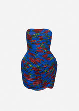 Load image into Gallery viewer, Strapless ruched floral mini dress in blue print
