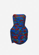Load image into Gallery viewer, Strapless ruched floral mini dress in blue print
