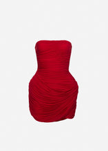 Load image into Gallery viewer, Strapless ruched floral mini dress in red
