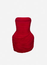 Load image into Gallery viewer, Strapless ruched floral mini dress in red
