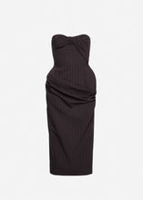 Load image into Gallery viewer, Pinstripe structured drape corset midi dress in dark brown
