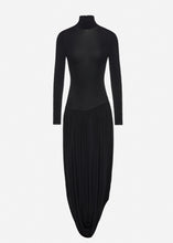 Load image into Gallery viewer, Open-leg long-sleeve draped maxi dress in black

