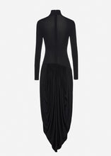 Load image into Gallery viewer, Open-leg long-sleeve draped maxi dress in black
