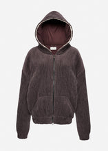 Load image into Gallery viewer, Lace-trimmed corduroy zip hoodie in grey brown
