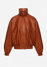 Load image into Gallery viewer, High-neck leather bomber jacket in cognac
