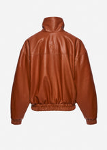 Load image into Gallery viewer, High-neck leather bomber jacket in cognac
