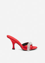 Load image into Gallery viewer, Crystal-embellished satin mules in red
