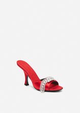 Load image into Gallery viewer, Crystal-embellished satin mules in red
