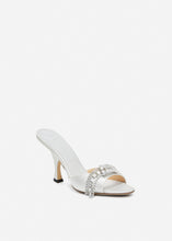 Load image into Gallery viewer, Crystal-embellished satin mules in white
