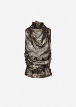 Load image into Gallery viewer, Sleeveless high-neck ruched top in black print
