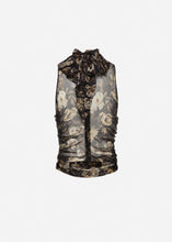 Load image into Gallery viewer, Sleeveless high-neck ruched top in black print
