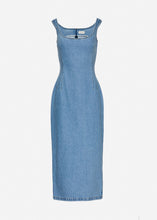 Load image into Gallery viewer, Round-neck midi denim dress in sky blue
