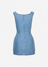 Load image into Gallery viewer, Round-neck mini denim dress in sky blue
