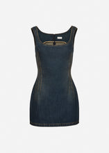 Load image into Gallery viewer, Round-neck mini denim dress in dark vintage blue
