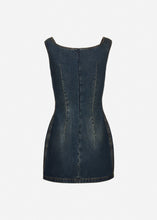 Load image into Gallery viewer, Round-neck mini denim dress in dark vintage blue
