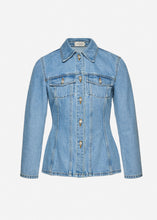 Load image into Gallery viewer, Fitted denim button up blouse in sky blue
