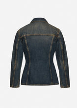 Load image into Gallery viewer, Fitted denim button up blouse in dark vintage blue
