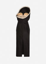 Load image into Gallery viewer, Lace trim sculptural midi dress in black
