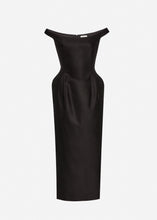 Load image into Gallery viewer, Off-shoulder hip pad midi dress in black
