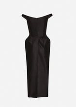 Load image into Gallery viewer, Off-shoulder hip pad midi dress in black

