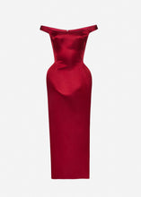 Load image into Gallery viewer, Off-shoulder hip pad midi dress in bordeaux
