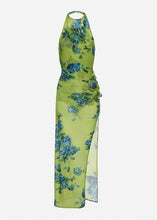 Load image into Gallery viewer, High-neck floral applique midi dress in green print
