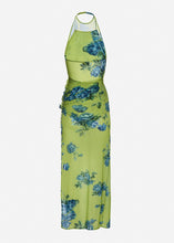 Load image into Gallery viewer, High-neck floral applique midi dress in green print
