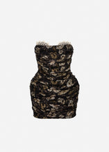 Load image into Gallery viewer, Strapless ruched silk mini dress in black print
