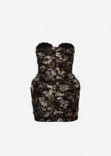 Load image into Gallery viewer, Strapless ruched silk mini dress in black print
