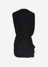 Load image into Gallery viewer, V neck draped mini dress in black

