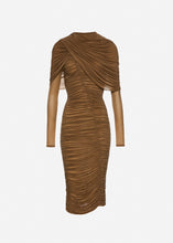 Load image into Gallery viewer, Draped high-neck midi dress in beige
