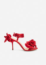 Load image into Gallery viewer, Wrap around double flower sandals in red satin
