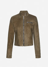 Load image into Gallery viewer, Fitted leather moto jacket in green suede
