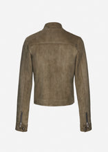 Load image into Gallery viewer, Fitted leather moto jacket in green suede
