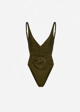 Load image into Gallery viewer, Ruched flower swimsuit in green
