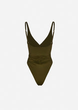Load image into Gallery viewer, Ruched flower swimsuit in green
