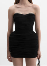 Load image into Gallery viewer, Strapless ruched silk mini dress in black
