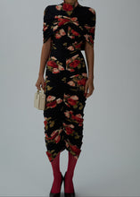 Load image into Gallery viewer, Ruched cape midi dress in black print
