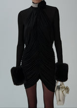 Load image into Gallery viewer, Ruched high-neck mini dress in black
